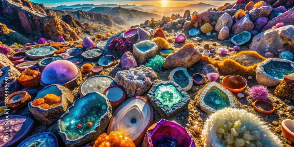 Obraz premium Overhead drone shot unveils breathtaking crystal caves and mineral collections, showcasing nature's stunning gemstone artistry.