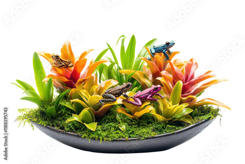 Vibrant Bromeliads Featuring Colorful Frogs Isolated on a transparent Background for Design photo