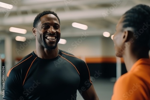 Personal trainer smiles while talking to his client in the gym