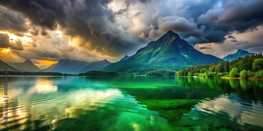 Obraz premium Peaceful waters reflect a cloudy sky, mountains rising majestically in a nature photograph.