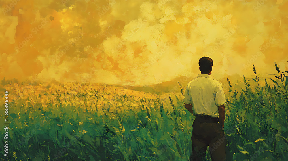 Fototapeta premium A farmer observing the growth of crops, nature’s feedback visible in vibrant greens and golds4