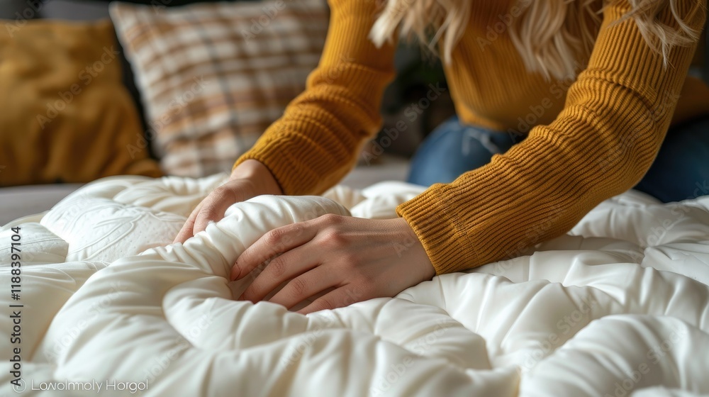 Fototapeta premium A person adjusting a soft, quilted mattress on a bed, showcasing comfort and home decor.