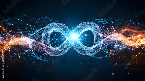 vibrant artistic illustration of glowing love knot symbolizing infinity, with bright blue and orange light trails