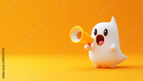3D cartoon, a cute ghost holding a megaphone, orange background color, simple style, no shadow on the ground, wide-angle lens