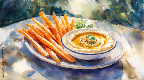 Watercolor painting of a serving tray with a bowl of hummus and a pile of fresh carrot sticks, set outdoors on a picnic table, with soft natural light and hints of greenery in the background