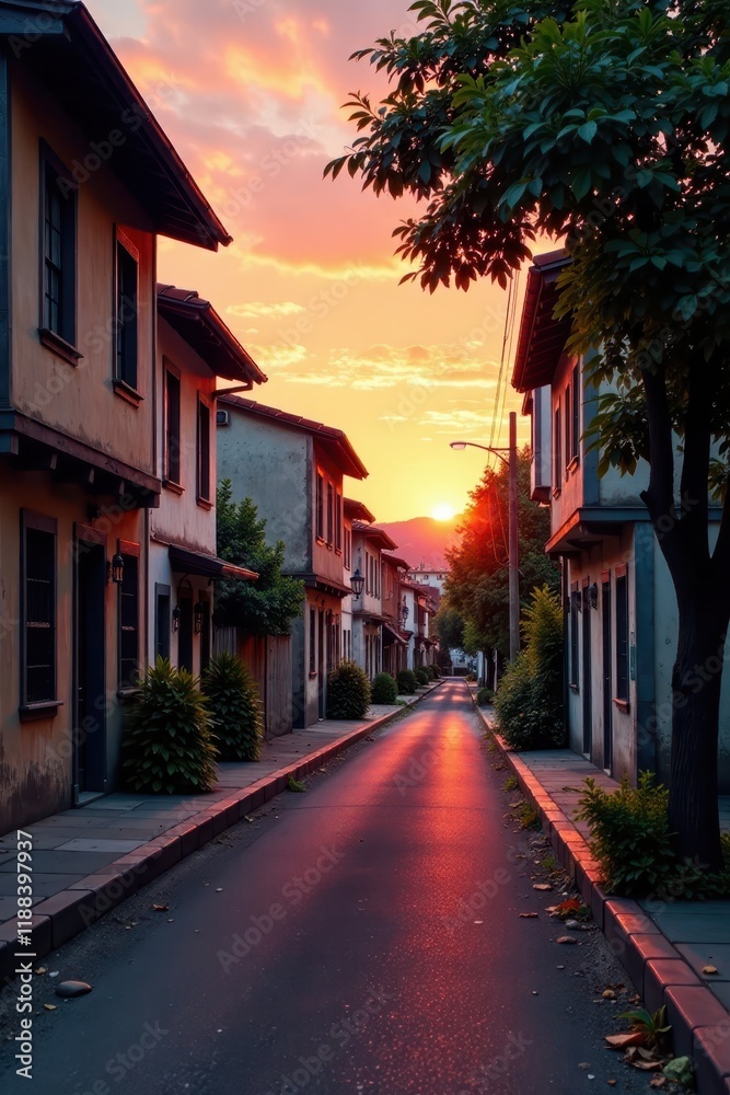Fototapeta premium Street at sunset with old buildings and trees , landscape, cityscape