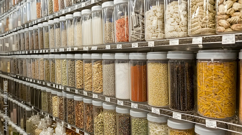 Rows of clear plastic containers filled with various grains, spices, and dried foods in a grocery store photo