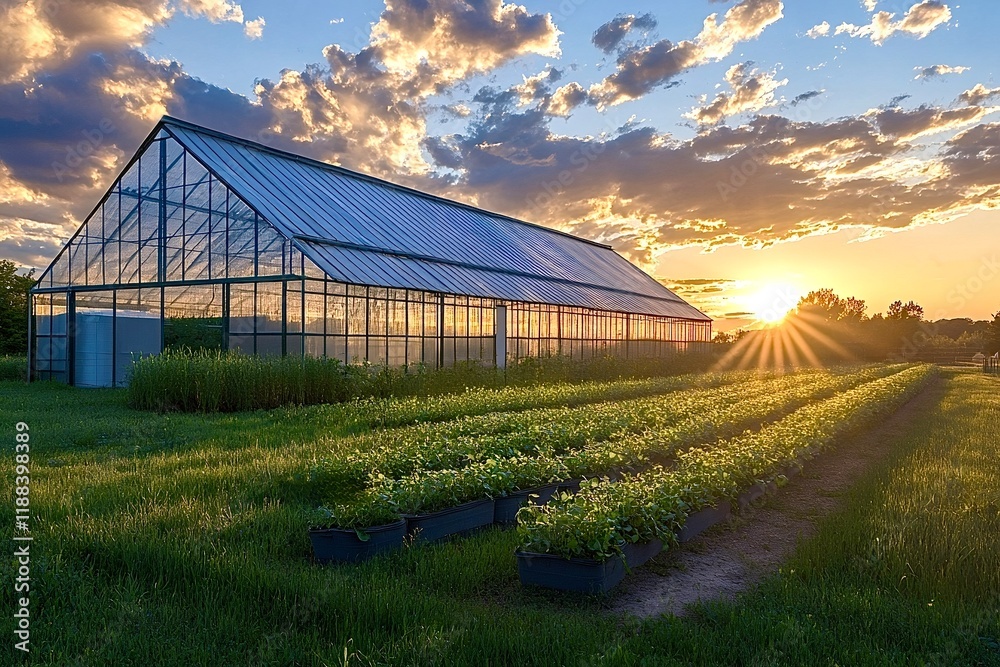 Greenhouse and seedlings growing at sunset on farm Greenhouse and seedlings growing at sunset on farm