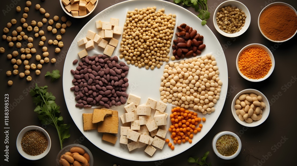 Vibrant arrangement of various plant based protein sources like tofu chickpeas and lentils displayed on a minimalist background showcasing a healthy sustainable and ethical dietary lifestyle Vibrant arrangement of various plant based protein sources like tofu chickpeas and lentils displayed on a minimalist background showcasing a healthy sustainable and ethical dietary lifestyle