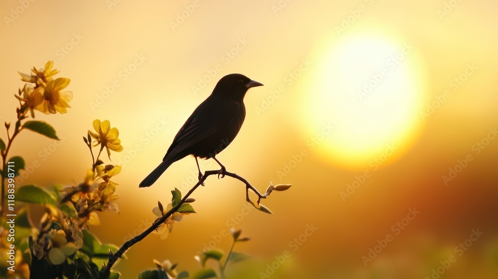 Fototapeta premium Silhouette of a bird on a branch against a softly glowing rainbow backdrop, vibrant colors, serene nature scene.