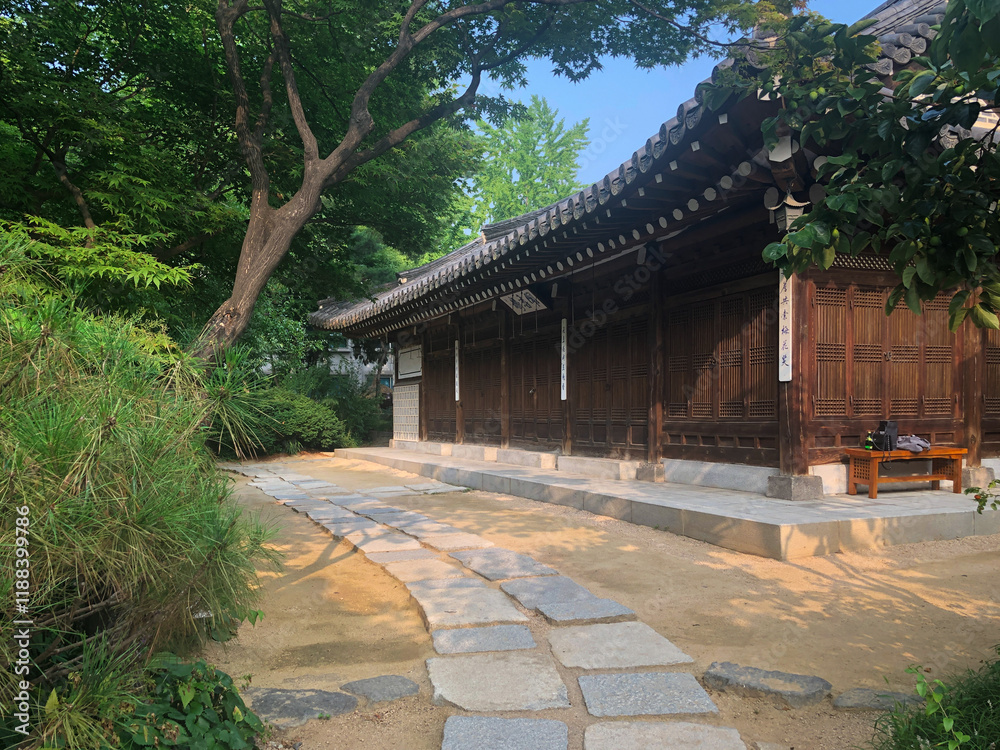 Beautiful traditional Korean wooden architecture, showcasing the elegance of Hanok style buildings. Beautiful traditional Korean wooden architecture, showcasing the elegance of Hanok style buildings.