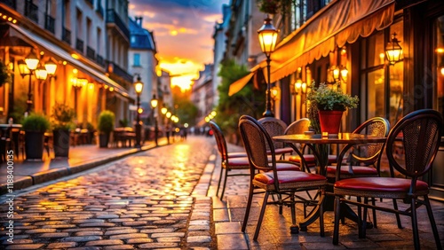 Fototapeta Naklejka Na Ścianę i Meble -  Silhouetted figures grace a Parisian cafe, painting a romantic cityscape at dusk; a cozy street scene.