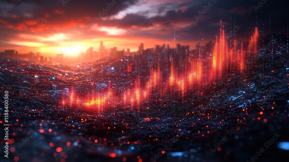 Fototapeta premium A vibrant digital landscape featuring a glowing data visualization against a sunset skyline.
