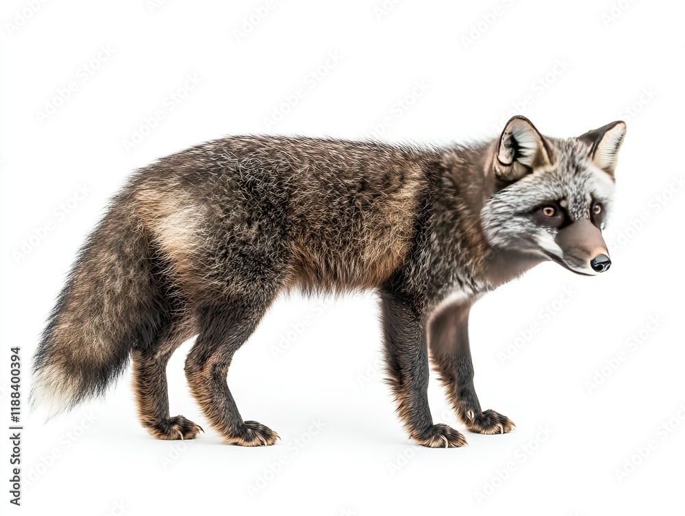 Silver fox standing, isolated on white background; wildlife photography for websites, prints. Silver fox standing, isolated on white background; wildlife photography for websites, prints.