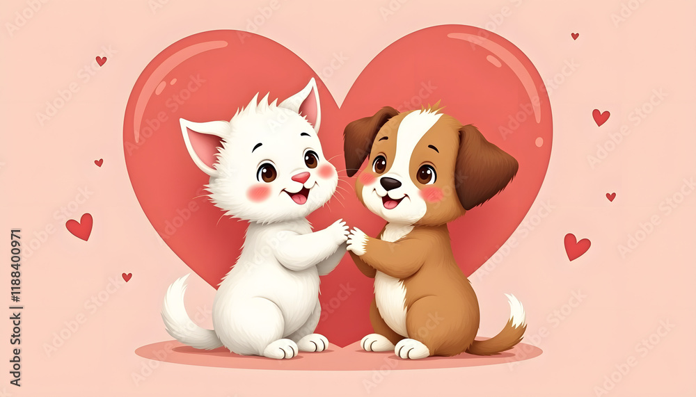 Fototapeta premium Vector image of a cute kitten and puppy holding their paws on the background of a big heart.