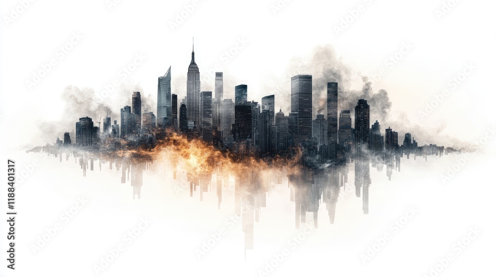 Obraz premium A dramatic city skyline silhouette with smoky effects and hints of fire, evoking a sense of mystery and urban atmosphere.