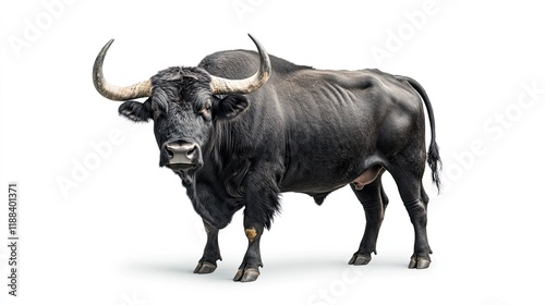 Powerful black yak stands isolated, white background; livestock farming image. photo