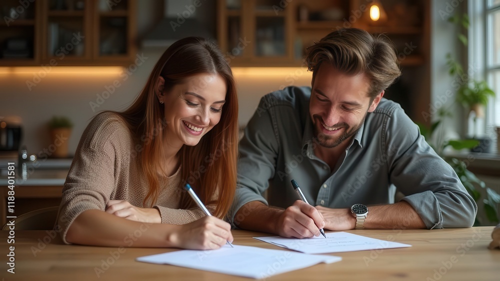 Happy couple signing documents together at home. Happy couple signing documents together at home.