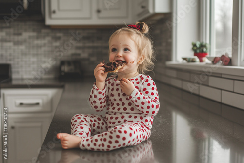 A happy baby is sitting in a pink high chair, laughing and looking at the camera with white kitchen furniture in the background. The table is made of a plastic material. photo