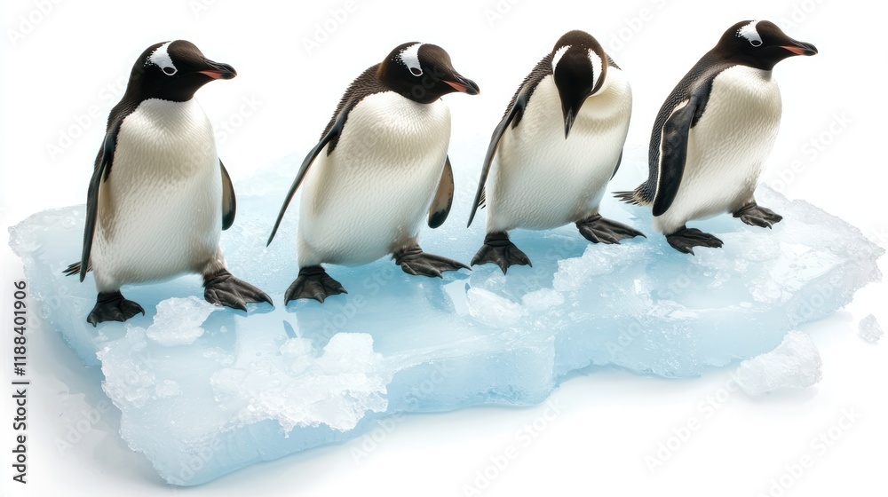 Fototapeta premium Four adorable penguins standing on an ice block, showcasing their classic black and white feathers against a cool blue background.