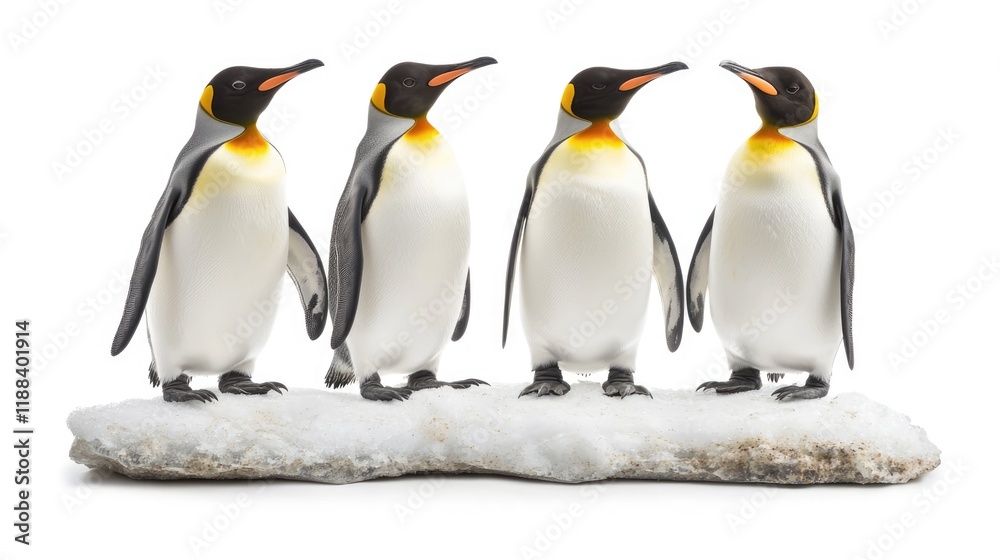Fototapeta premium Four adorable penguins standing together on a snowy surface, showcasing their unique features and social nature in a charming display.