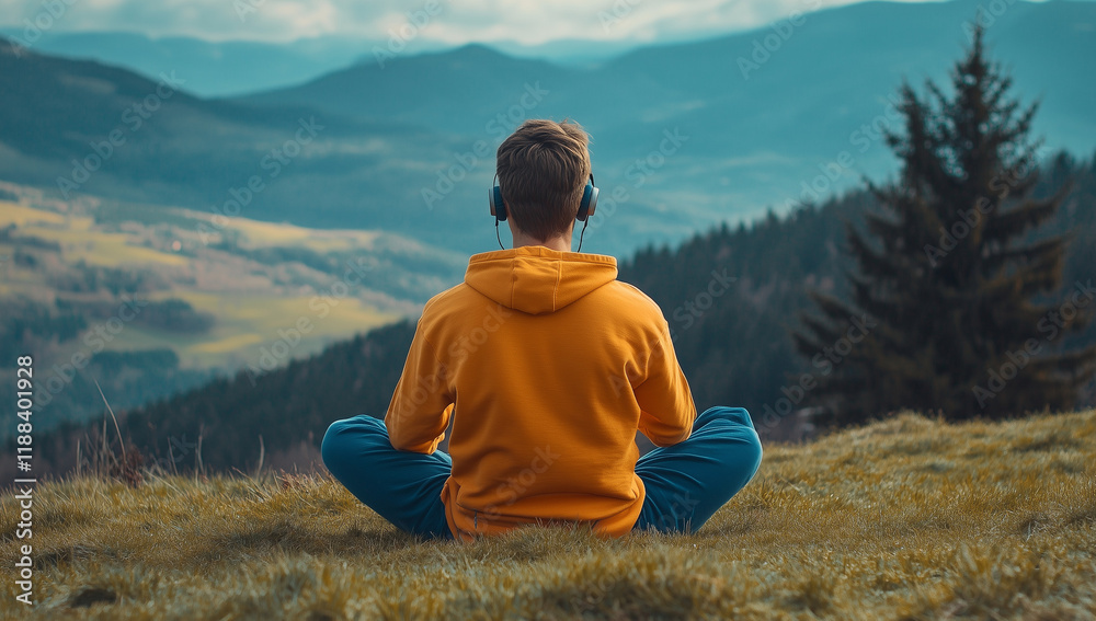 A man in an orange hoodie and blue jeans sits cross-legged on the grass, wearing headphones with his back to us. He is looking at distant mountains and forests A man in an orange hoodie and blue jeans sits cross-legged on the grass, wearing headphones with his back to us. He is looking at distant mountains and forests