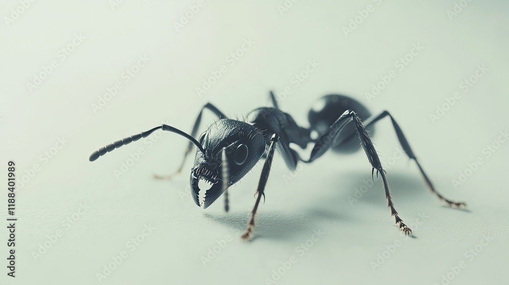 Close-up of black ant on white background, insect macro photography for science education.