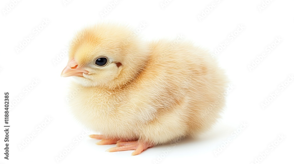 Obraz premium Cute fluffy yellow chick on white background; perfect for spring themes.