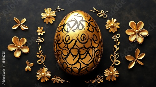 Gold Easter Egg Decorated With Black Floral Design photo