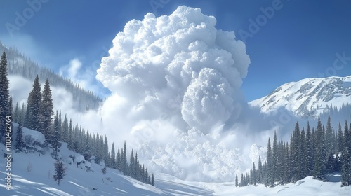 Massive snow avalanche explodes from mountainside. Huge white cloud of snow powder fills air. Trees, snowy landscape impacted by forceful winter storm. Mountain range, forest covered in snow.