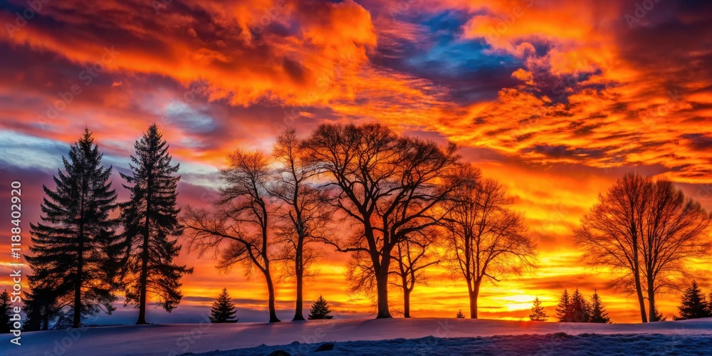 Obraz premium Stunning winter sunset photography: stark tree silhouettes ablaze in the fading light.