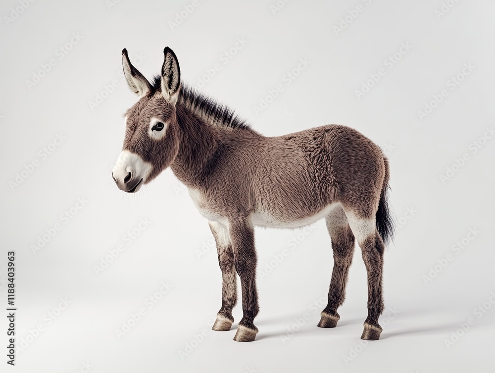 Fototapeta premium Young donkey studio portrait, light background, farm animal.