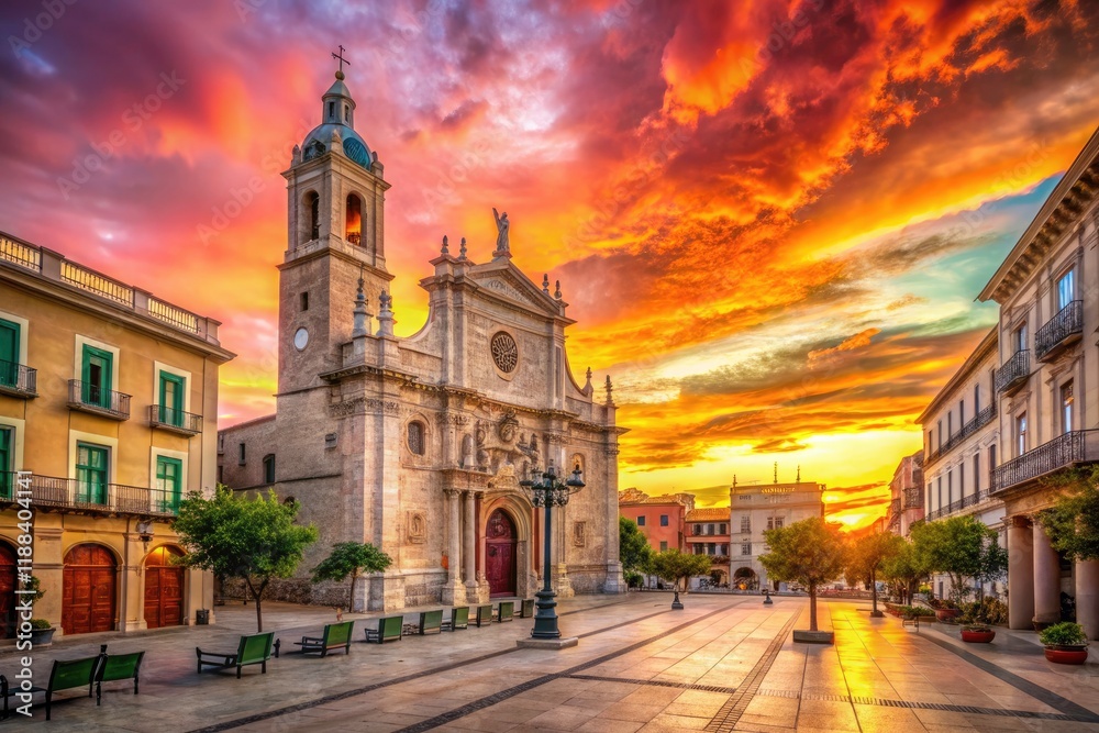 Naklejka premium Surreal sunset hues bathe Valladolid's University Square, the Cathedral a majestic silhouette.