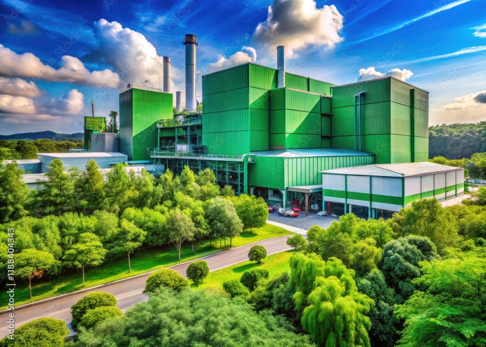 Obraz premium Sustainable manufacturing thrives in our modern, tree-lined green factory, powered by clean energy within an eco-friendly industrial park.