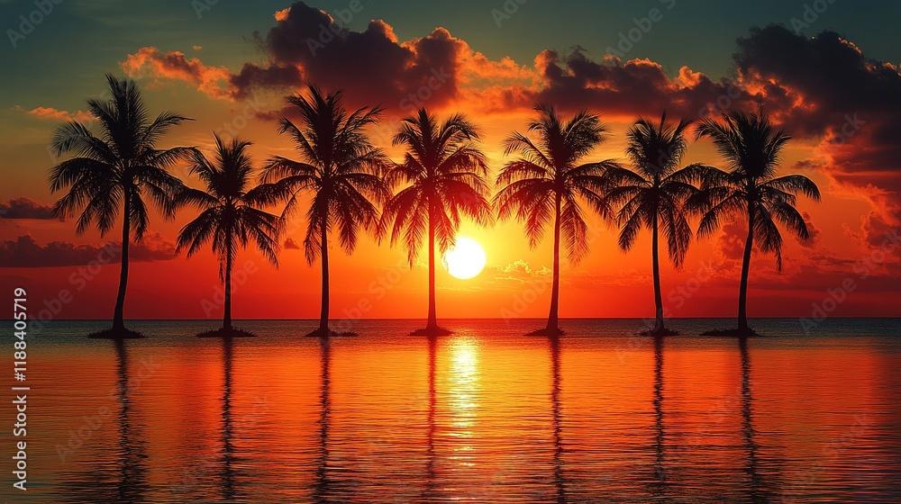 A serene sunset over the ocean with silhouetted palm trees reflecting in the water. A serene sunset over the ocean with silhouetted palm trees reflecting in the water.
