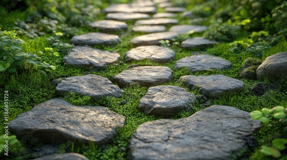 Stone path in lush garden at sunset. Stone path in lush garden at sunset.