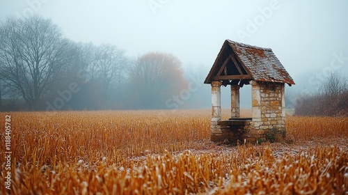 Stone shelter in frosty field, misty forest background, possible resting spot.