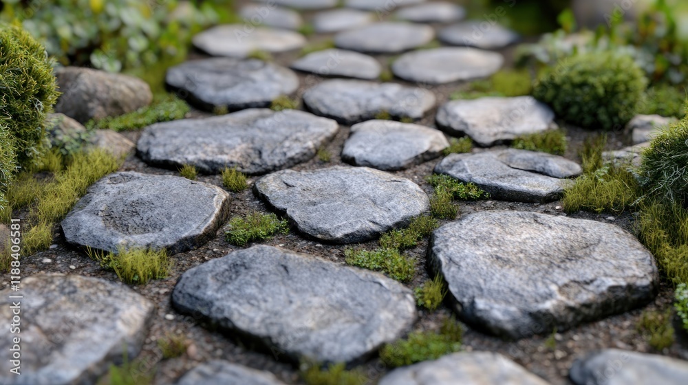 Stone path in garden with lush greenery background. Stone path in garden with lush greenery background.