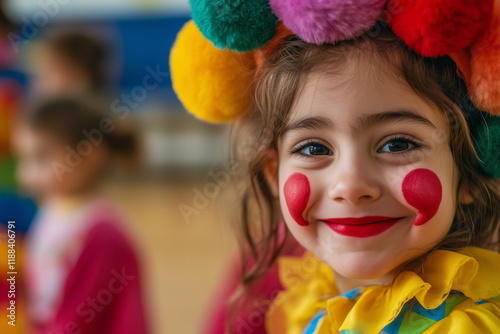 A group of children in colorful clown costumes, with painted faces and feathers on their heads. They stand side by side against the background of an indoor playground or classroom