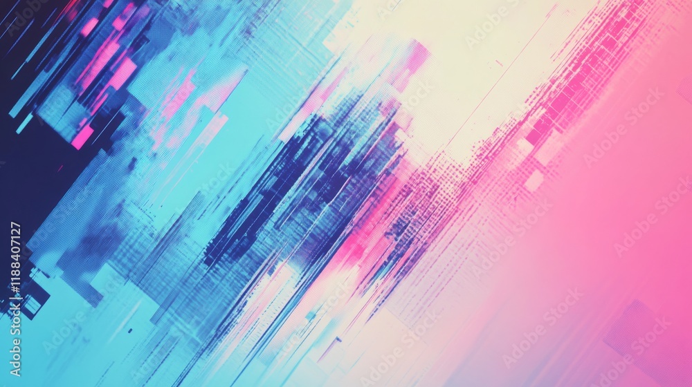 Obraz premium Abstract blue, mint, and pink background with interlaced digital glitch and distortion effects, featuring a futuristic cyberpunk design in a retro futurism style with webpunk and 80s-90s rave aestheti