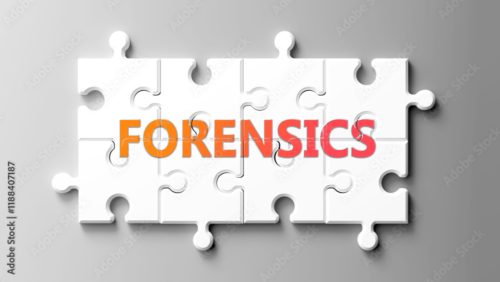 Forensics complex like a puzzle - pictured as word forensics on a puzzle pieces to show that forensics is complex and needs cooperating pieces that fit together. ,3d illustration Forensics complex like a puzzle - pictured as word forensics on a puzzle pieces to show that forensics is complex and needs cooperating pieces that fit together. ,3d illustration
