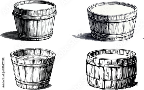 Vector set of wooden water barrels in vintage engraving-style illustration, line works