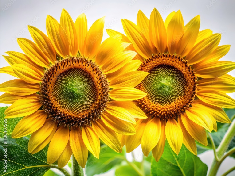 Naklejka premium Vibrant yellow sunflower macro, lush green leaves contrast sharply against a clean white background.