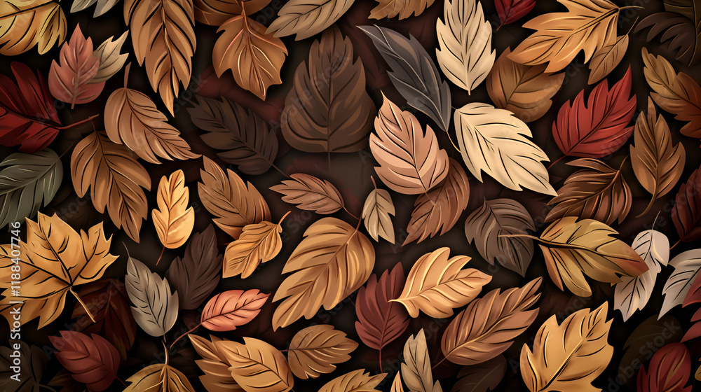 Fototapeta premium Artistic representation of assorted autumn leaves arranged in a rich, colorful pattern