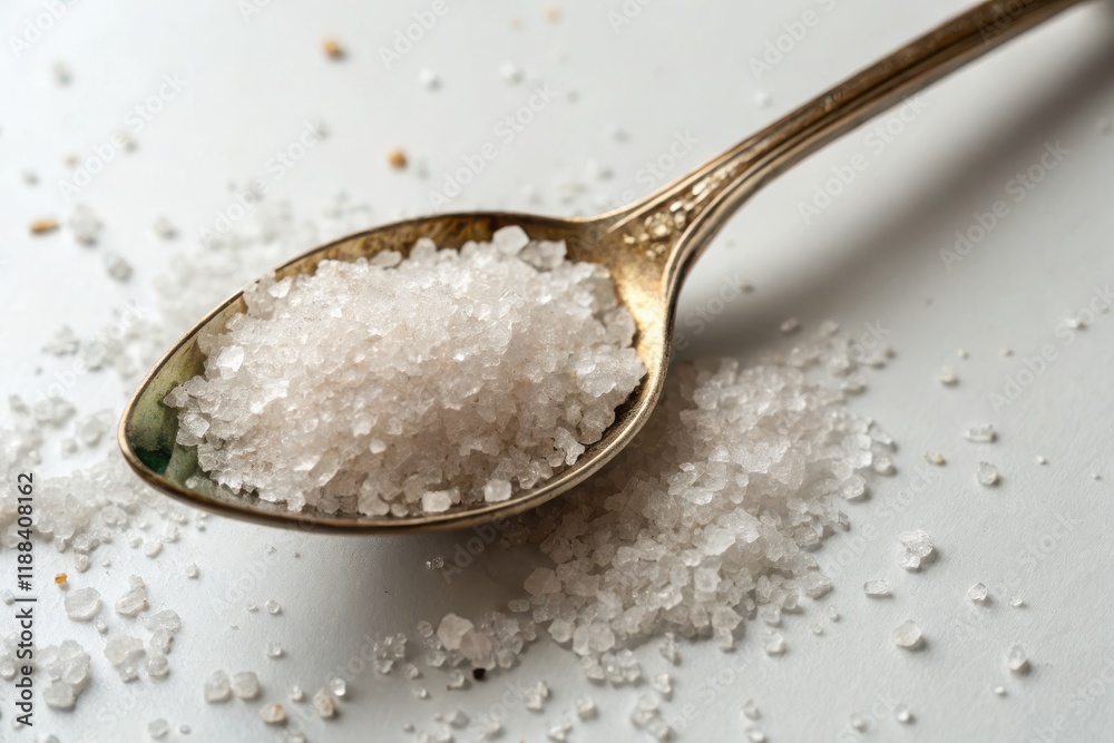 Close-Up of Coarse Salt on a Spoon with Scattered Grains on a White Surface Close-Up of Coarse Salt on a Spoon with Scattered Grains on a White Surface