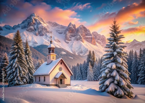 Vintage winter chapel: snow blankets the alpine church, nestled amongst majestic pines and mountains. photo