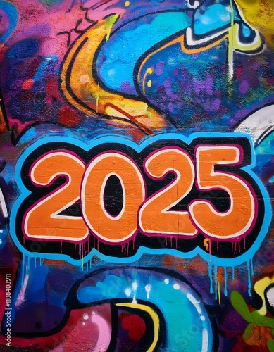 カラフルなストリートアートに囲まれた、グランジ風の都市の壁に描かれたグラフィティスタイルの「2025」 photo