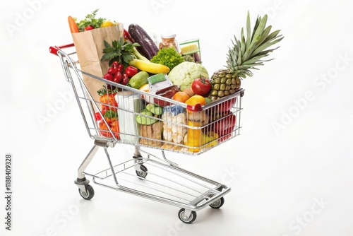 Colorful Shopping Cart Overflowing with Fresh Groceries on a Clean White Background photo