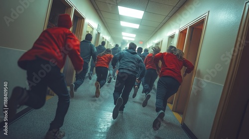 People rush through corridor during emergency drill. Evacuation practice in building. Safety protocols in action. Rapid response to simulated emergency. Indoor scene. Focus on preparedness, quick