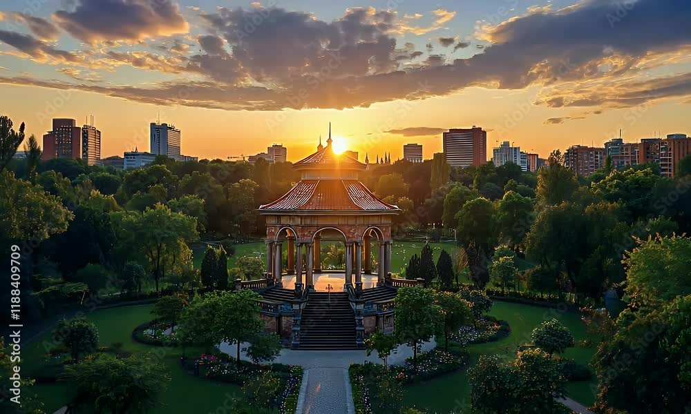 Sunset cityscape panorama over a tranquil park with a gazebo